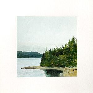 8x8 Maine Original Oil Painting Landscape New England Coastal Pines Calm Signed